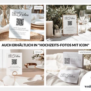 Puede incluir: Una colecci&oacute;n de letreros y tarjetas rectangulares blancas con un icono de c&aacute;mara, la palabra Fotos y un c&oacute;digo QR. El texto dice Bitte teile deine Fotos & Videos mit uns. El conjunto incluye tama&ntilde;os DIN A5, DIN A6, DIN A7 y tarjetas de visita.
