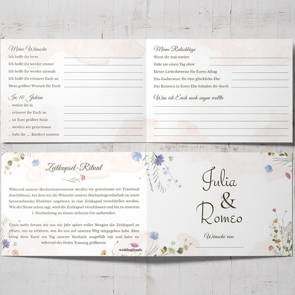 Zeitkapselkarten für Hochzeitsritual aus wertigem Offsetkarton | Personalisierbar | Wild Flowers | DINA6 quer | Wünschekarten in 2 Varianten