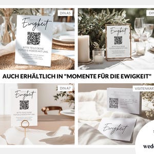 May include: A collection of white rectangular signs and cards featuring the word Ewigkeit in black script, a central QR code, and the text BITTE TEILE DEINE FOTOS & VIDEOS MIT UNS. The set includes DIN A5, DIN A6, DIN A7 sizes and business cards.