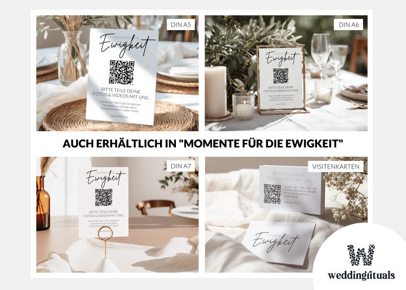 May include: A collection of white rectangular signs and cards featuring the word Ewigkeit in black script, a central QR code, and the text BITTE TEILE DEINE FOTOS & VIDEOS MIT UNS. The set includes DIN A5, DIN A6, DIN A7 sizes and business cards.