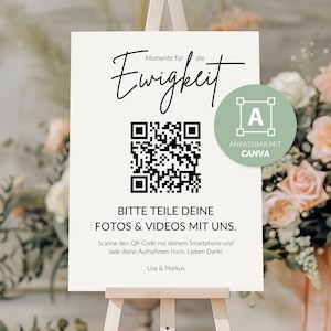 Wedding QR code sign in German | DIN A2 | Canva template | Share your photos & videos with us | Moments for eternity | Easel