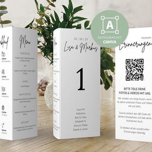 Faltbare Tischnummernschilder mit Hochzeitsmenü, Tagesablauf & QR-Code | Dreieck | Canva-Vorlage | Dreiseitiger DIY-Aufsteller mit Kleberand