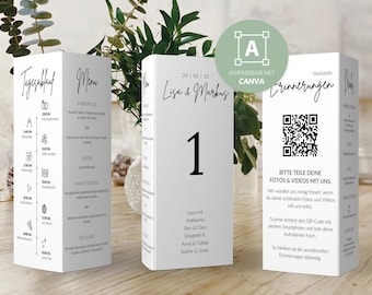 Foldable table number signs with wedding menu, timeline & QR code | Triangle | Canva template | Three-sided DIY stand with adhesive edge