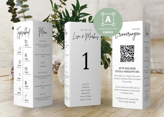 Faltbare Tischnummernschilder mit Hochzeitsmenü, Tagesablauf & QR-Code | Dreieck | Canva-Vorlage | Dreiseitiger DIY-Aufsteller mit Kleberand