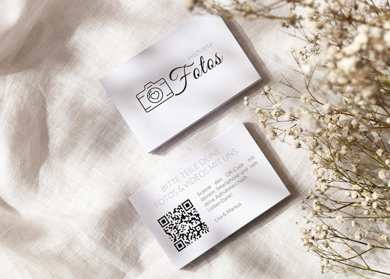 Hochzeits-QR-Code Visitenkarte auf Deutsch aus wertigem Offsetkarton | 85x55 mm | Teile Deine Fotos & Videos mit uns | Hochzeitsvisitenkarte