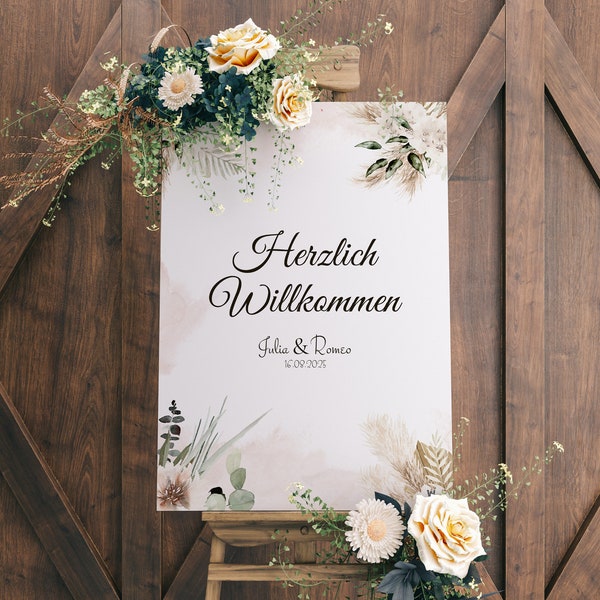 Willkommensschild Hochzeit aus Acryl | BoHo | Personalisierbar | DIN A2 hochkant oder quer | Ideal für Staffelei | Hochglanz