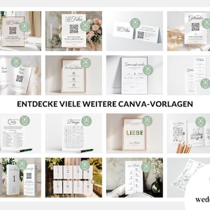 May include: A collection of white paper wedding stationery templates featuring black text and QR codes, including signs for photos, drinks, menus, quizzes, bingo, and table numbers, all displayed in a grid layout with the text ENTDECKE VIELE WEITERE CANVA-VORLAGEN.