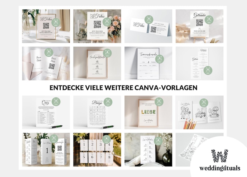 May include: A collection of white paper wedding stationery templates featuring black text and QR codes, including signs for photos, drinks, menus, quizzes, bingo, and table numbers, all displayed in a grid layout with the text ENTDECKE VIELE WEITERE CANVA-VORLAGEN.