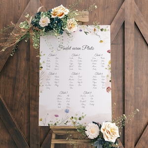 Sitzplan-Schild Hochzeit aus Acryl | Wild Flowers | Individuelle Namen | DIN A2 hochkant oder quer | Ideal für Staffelei | Hochglanz