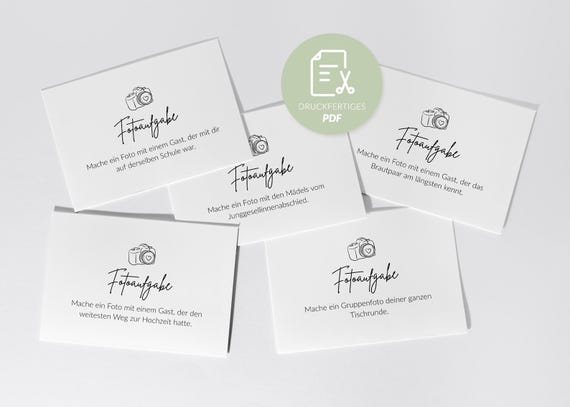 96 Fotoaufgaben zur Hochzeit für Fotobox | A7 | PDF zum selber Ausdrucken | DIY Hochzeitsspiel zum Kennenlernen | Polaroid | Fotobox-Aufgabe