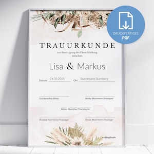 Personalisierte Trauurkunde zum Ausdrucken mit Trockenblumen | BoHo | DIN A4 hochkant oder quer | PDF | Hochzeitserinnerung auf Deutsch