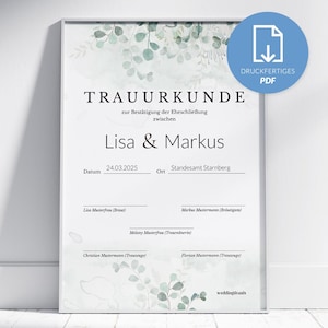 Personalisierte Trauurkunde zum Ausdrucken mit Eukalyptus | Greenery | DIN A4 hochkant oder quer | PDF | Hochzeitserinnerung auf Deutsch