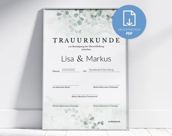 Personalized marriage certificate to print with eucalyptus | greenery | DIN A4 portrait or landscape | PDF | Wedding memento in German