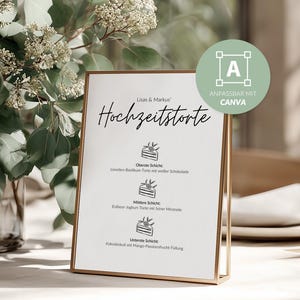 Puede incluir: Un letrero con marco dorado con el texto "Lisas & Markus Hochzeitstorte" e ilustraciones de pasteles. El letrero está sobre una mesa con vegetación y un plato. El letrero también tiene el texto "ANPASSBAR MIT CANVA".