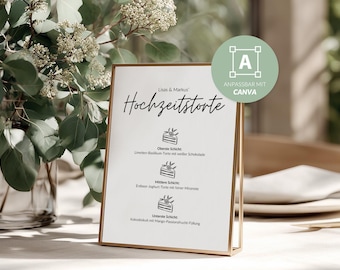 May include: A gold-framed sign with the text "Lisas & Markus Hochzeitstorte" and cake illustrations. The sign is on a table with greenery and a plate. The sign also has the text "ANPASSBAR MIT CANVA".