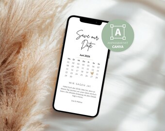 May include: A smartphone displays a digital wedding announcement with the text "Save our Date" and a calendar for June 2026. The design is in black and white, with a decorative butterfly. The phone is set against a backdrop of dried plants.