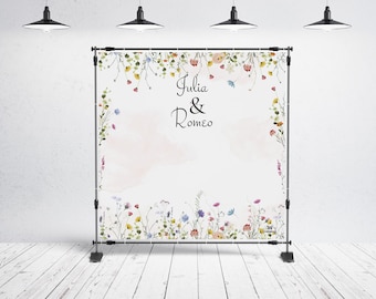 Personalisierbarer Hochzeits-Banner (200x200 cm) aus PVC | Wild Flowers | Fotohintergrund für jede Fotobox