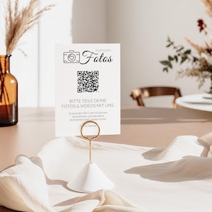 Hochzeits-QR-Code Schild auf Deutsch aus wertigem Offsetkarton | DIN A7 | Teile Deine Fotos & Videos mit uns | Hochzeitsschild mit Icon