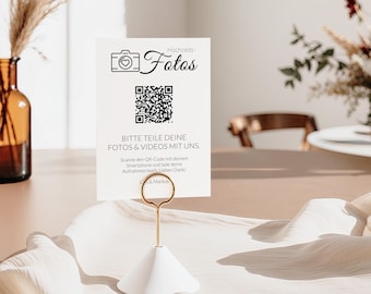 Wedding QR code sign in German, made of high-quality offset cardstock | DIN A7 | Share your photos & videos with us | Wedding sign with icon