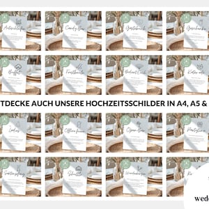 May include: A collection of sixteen white rectangular wedding signs featuring black line art icons and German text labels such as Candy Bar, Geschenke, and Buffet. The signs are displayed in a grid layout with the text ENTDECKE AUCH UNSERE HOCHZEITSSCHILDER IN A4, A5 & A6.