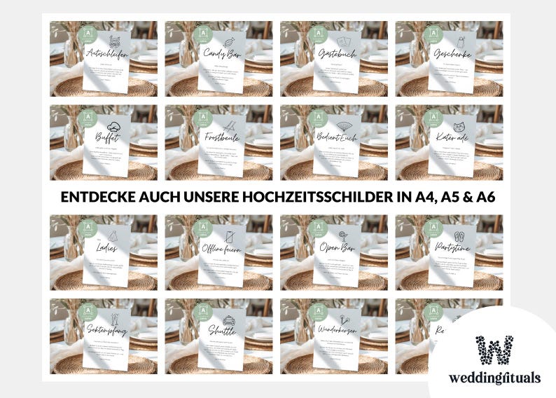 May include: A collection of sixteen white rectangular wedding signs featuring black line art icons and German text labels such as Candy Bar, Geschenke, and Buffet. The signs are displayed in a grid layout with the text ENTDECKE AUCH UNSERE HOCHZEITSSCHILDER IN A4, A5 & A6.