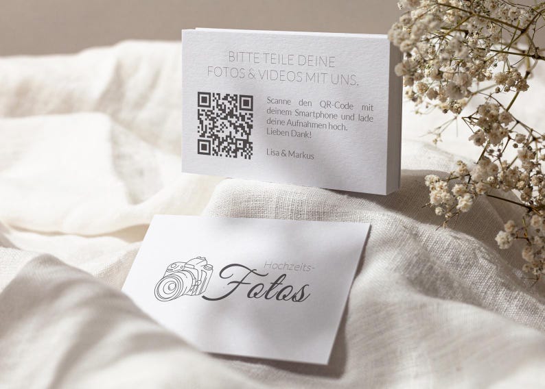 Wedding QR code business card in German, printed on high-quality offset cardstock | 85 x 55 mm | Share your photos & videos with us | Wedding business card image 5