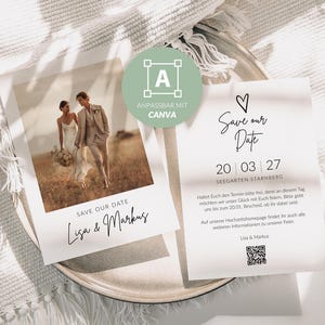 Könnte beinhalten: Hochzeitseinladungskarten mit einem Foto eines Paares und dem Text "Save our Date". Die Karten zeigen das Datum, den Ort und die Namen "Lisa & Markus". Das Design ist elegant und minimalistisch.