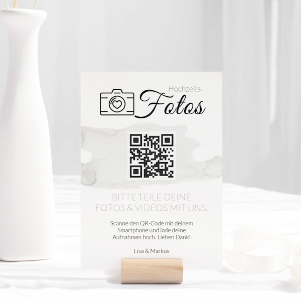 Hochzeits-QR-Code Schild auf Deutsch aus wertigem Offsetkarton | DIN A7 | Teile Deine Fotos & Videos mit uns | Hochzeitsschild