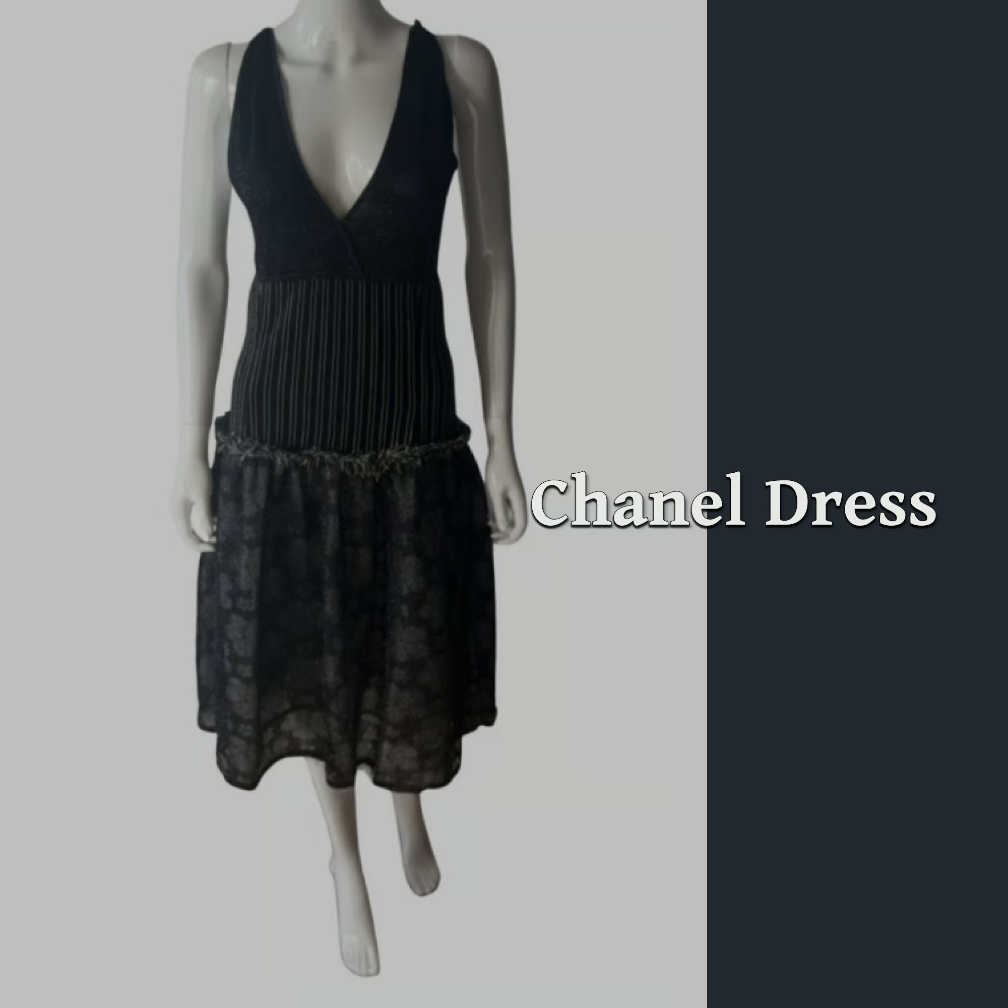 Chanel Sleeveless Pleated Tweed & Cotton Dress Black/White