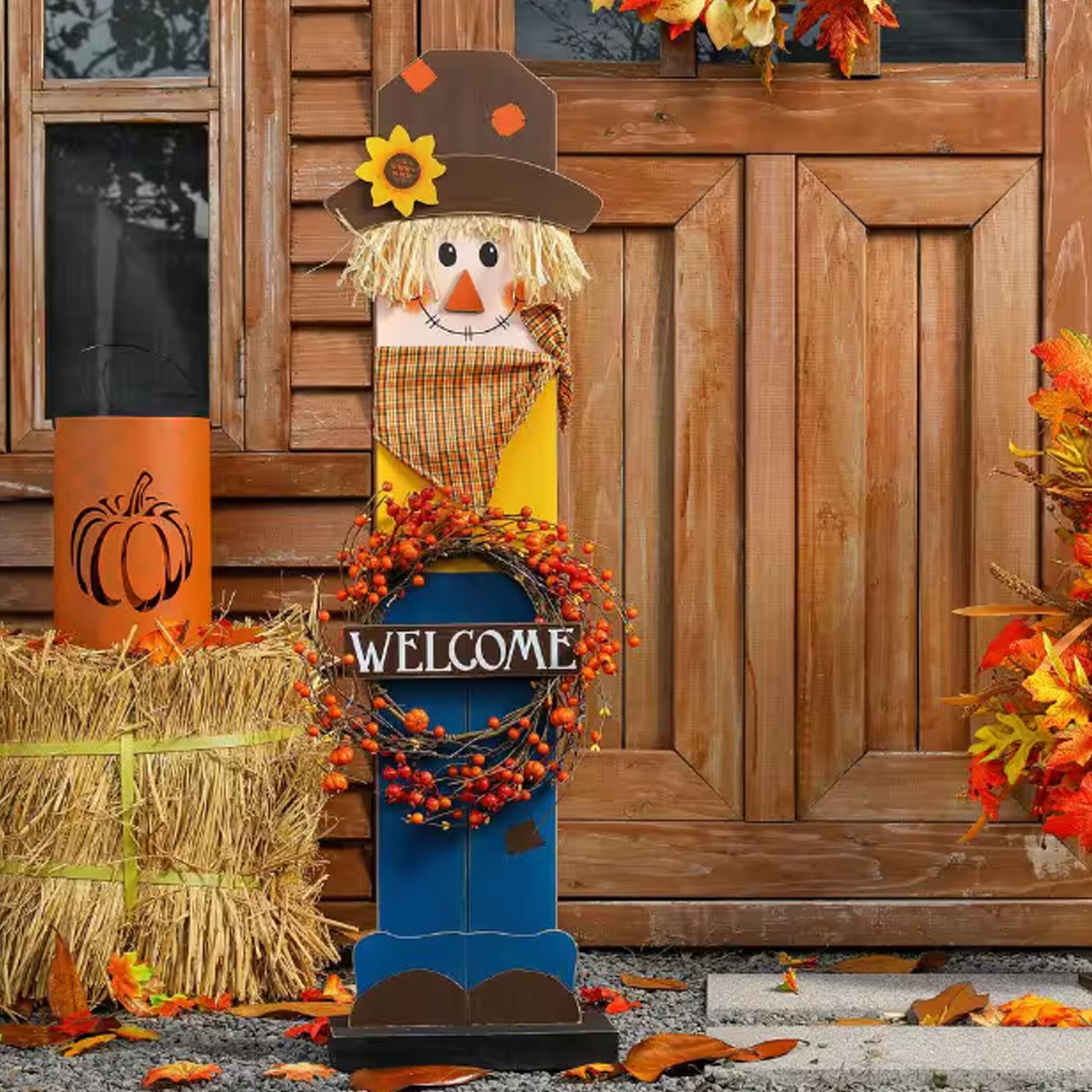 42 In. H Fall Lighted Wooden Scarecrow Porch Decor With Wreath, Fall ...