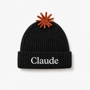 Claude Embroidered Knit Beanie, Black Ribbed Winter Hat, Ai Fashion