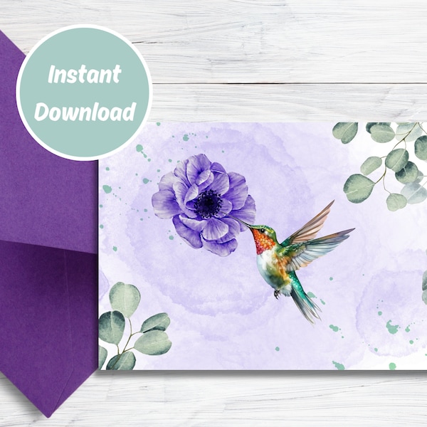 Printable Colibri Greeting Card, Purple Greeting Card, All Occasions, Instant Download, Print at Home