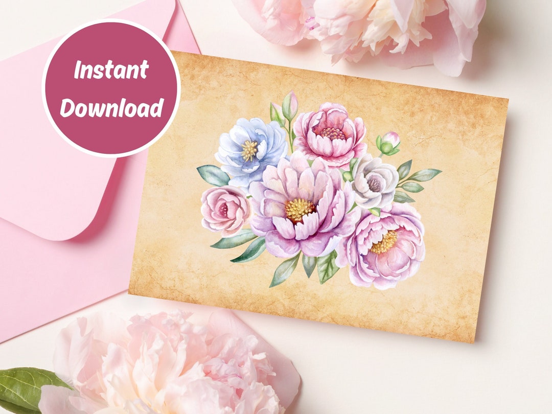 Printable Greeting Card With Peonies, Vintage Digital Card, Double ...