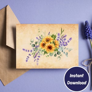 Druckbare alle Gelegenheiten Grußkarte, Sonnenblume Grußkarte, digitale Blumen Vintage Karte, Druck zu Hause, Instant Download