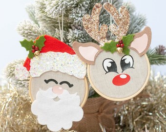 Handmade Christmas Ornaments, Santa and Rudolph embroidery hoop merino wool felt festive decorations, tree decorative ornament.