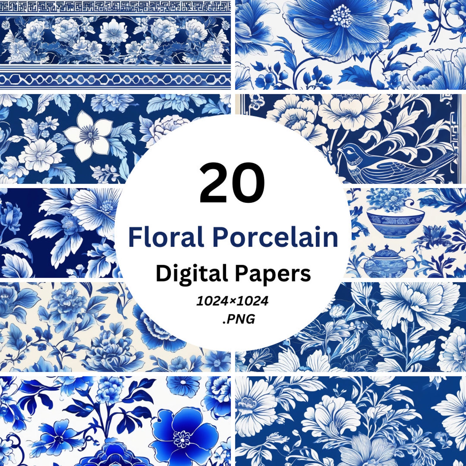 Blue White Floral Porcelain Patterns, Chinese Porcelain Digital Paper ...