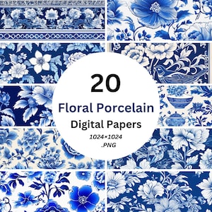 Blue White Floral Porcelain Patterns, Chinese Porcelain Digital Paper, Floral Porcelain Print SVG, Floral Print, Blue Patterns Clipart