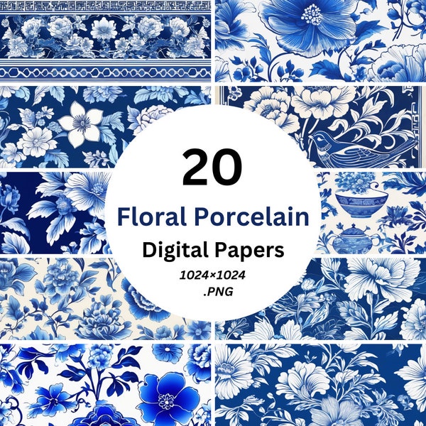 Blue White Floral Porcelain Patterns, Chinese Porcelain Digital Paper, Floral Porcelain Print SVG, Floral Print, Blue Patterns Clipart