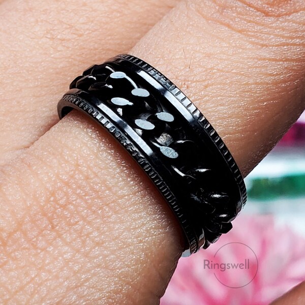 Black Chain Fidget Ring, Black Spinner Ring, Ring for Men/Women, Personalized Ring, Gifts for Him, Anxiety Ring, Stress Ring, Birthday Gifts