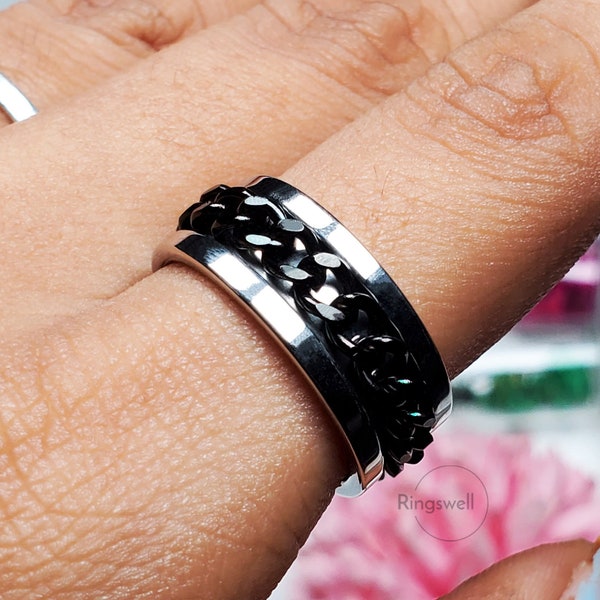 Silver Spinner Rings, Stylish Chain Rings, Rotatable Ring, Black Chain Ring, Ring for Men, Ring for Women, Fidget Rings, Birthday Gift, Ring