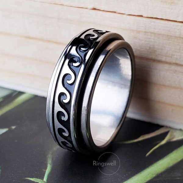 Ocean Waves Ring, Waves Fidget Ring, Rotatable Ring, Stress Reducing Ring, Silver Spinner Ring, Ring for Men, Ring for Women, Spinning Rings