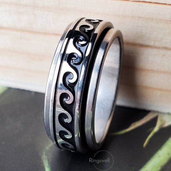 Waves Silver Spinner Ring, Ocean Waves Ring, Black/Silver Fidget Ring, Ring for Women, Anxiety Rings, Ring for Stress, Personalized Rings