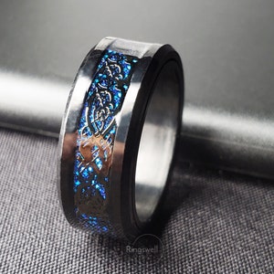 Dark Blue Band Rings, Celtic Dragon Ring, Black/Blue Ring, Cool Finger Ring, Ring for Men/Women, Gift for Husband, Engraved Ring, Ring Gifts