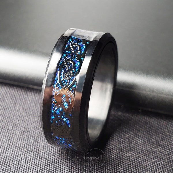 Celtic Dragon Ring, Dark Blue Band Rings, Cool Finger Ring, Black/Blue Ring, Gift for Her, Men Thumb Rings, Birthday Gift, Gift for Friends