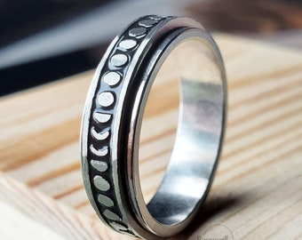 Moon Pattern Spinner Ring, Moon Rotatable Ring, Anxiety Ring, Unisex Rings, Fidgeting Rings, Silver/Black Ring, Ring for Men, Spinning Rings
