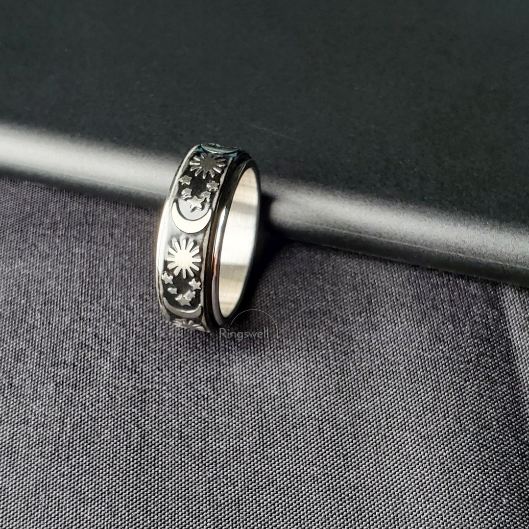 Sun/moon Fidget Ring, Black Stress Reliving Ring, Silver Spinner Ring ...