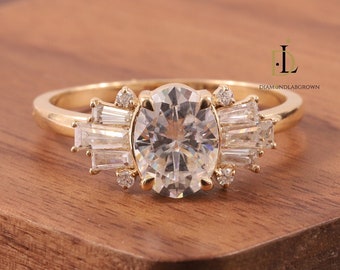 1.25 Carat F/VS1 IGI CERTIFIED Oval Cut Lab Created Diamond Engagement Ring, Baguette Side Diamonds, 18k Yellow  Gold, Oval CVD Diamond Ring