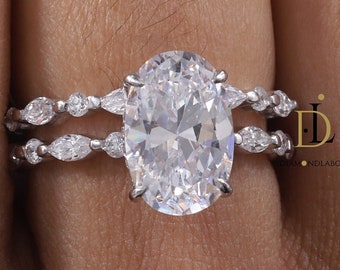 3CT Oval Moissanite Anillo de compromiso conjunto único oro blanco garra punta anillo de compromiso vintage ovalado anillo de boda conjunto nupcial regalo de aniversario