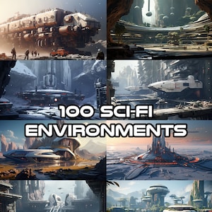 100 Sci-Fi environments,  sci-fi, fantasy, concept art, illustration, dnd, futuristic, cyberpunk, prints, board game, designs, prints