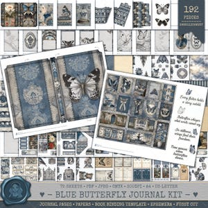 Puede incluir: Un kit de diario de mariposas azules con 192 piezas de adorno. El kit incluye páginas de diario, papeles y plantillas de encuadernación. El diseño presenta mariposas y elementos vintage. El texto dice "Every flutter holds a story untold."